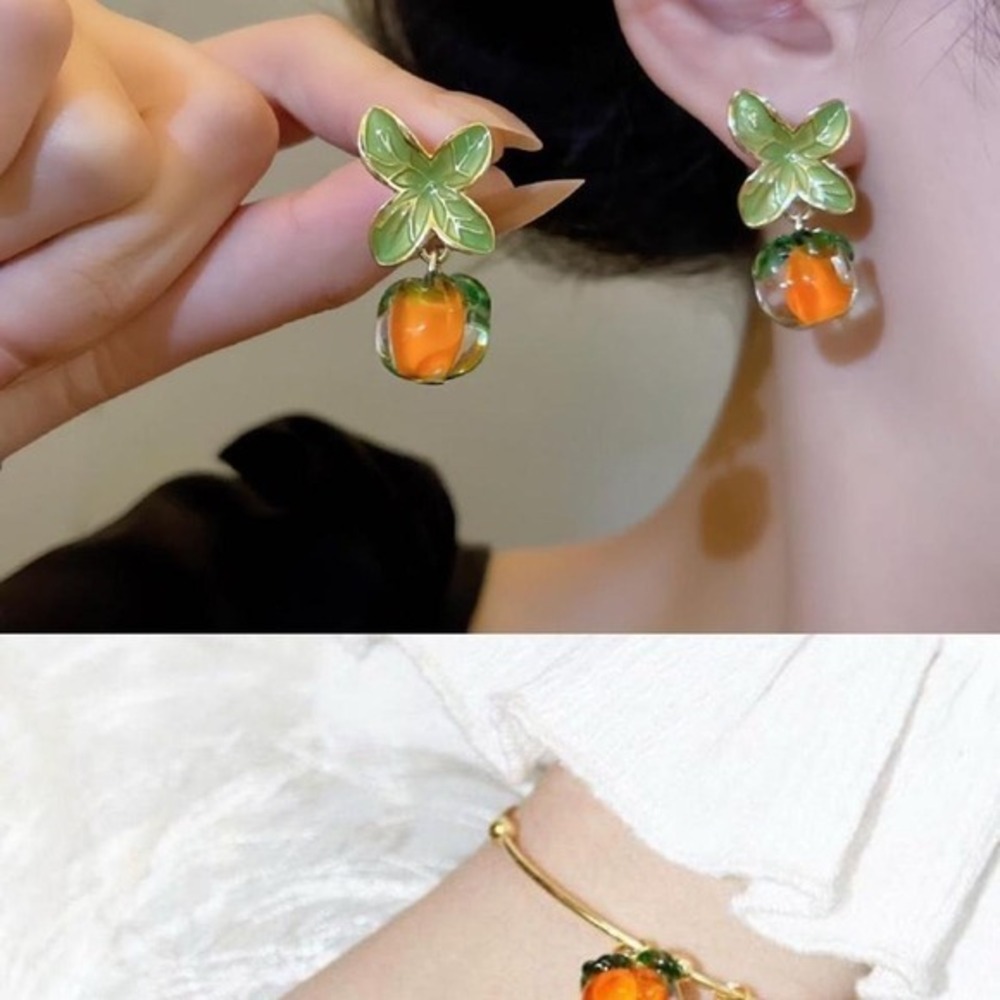 Persimmon Fruit Jewelry Set Orange Green Leaf‎ Earrings & Star Bangle